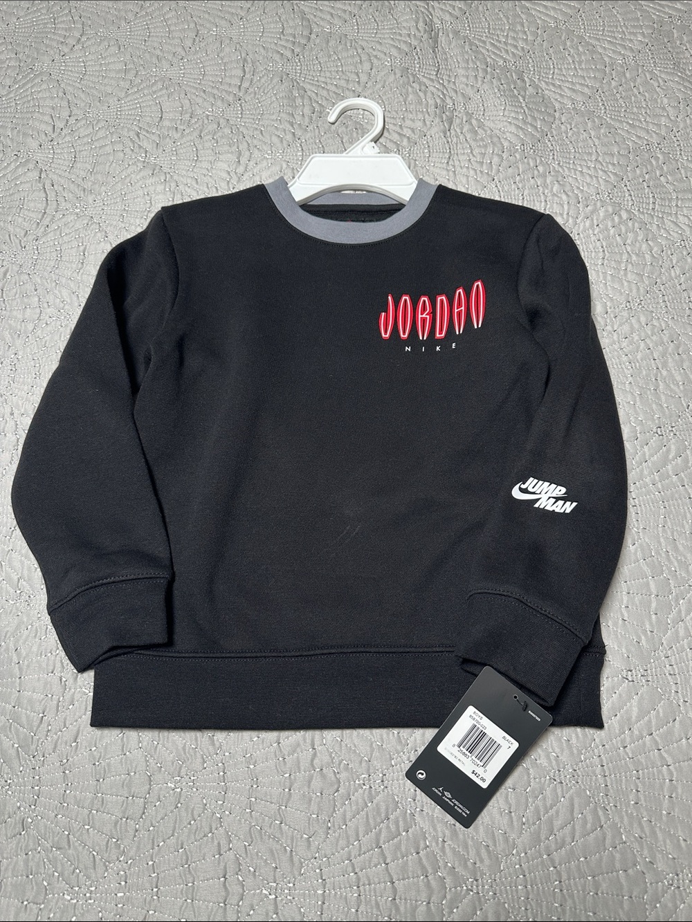 Jordan Boys Black Crewneck Sweatshirt with Red Script Logo, NWT’s, Size 7